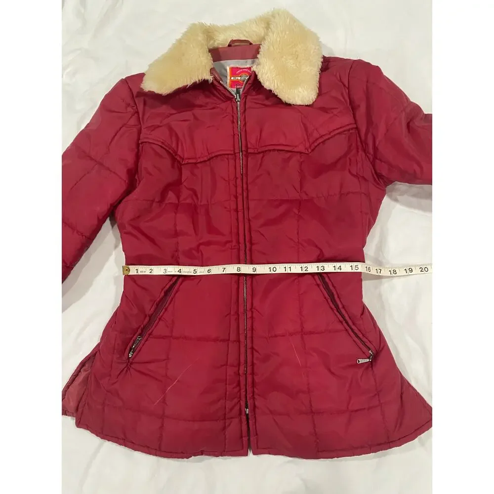 Vintage Ms. Pioneer 70s 80s Red Puffer Coat Faux Fur Collar Size 14 Girls